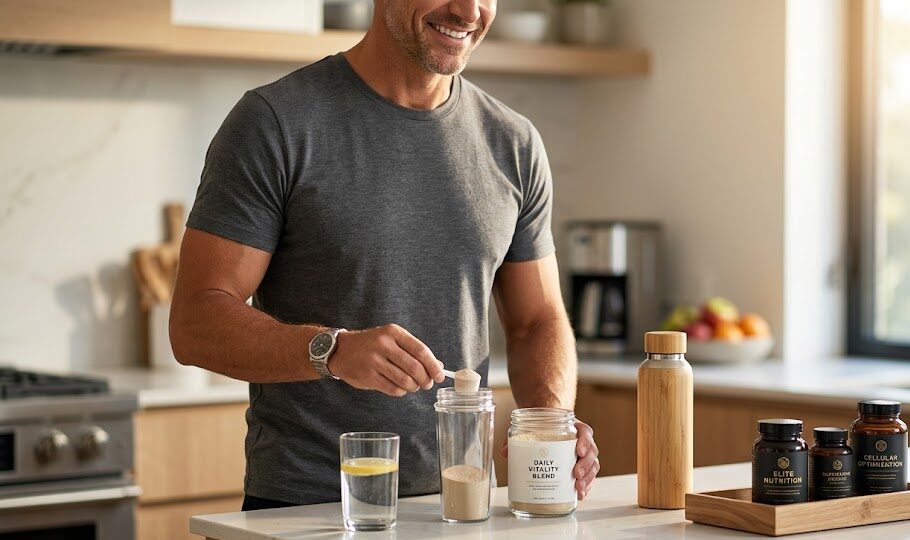 A fit, energetic man preparing a supplement stack of amino acids to stimulate the anterior pituitary gland.