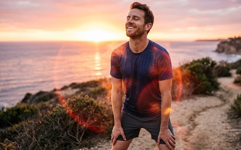 Energetic man experiencing the cardiovascular and stamina benefits of beetroot powder.