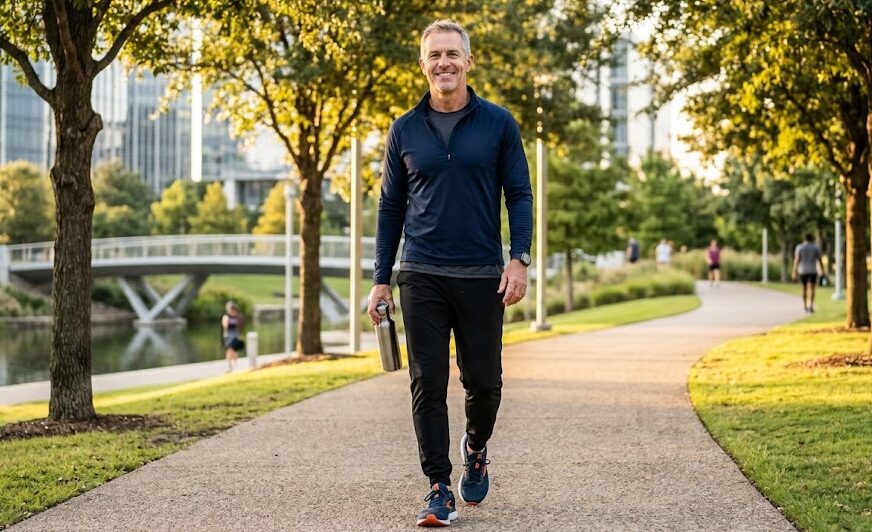 An energetic, youthful man in his 50s confidently walking outdoors, representing the optimal results of the winning HGH formula.