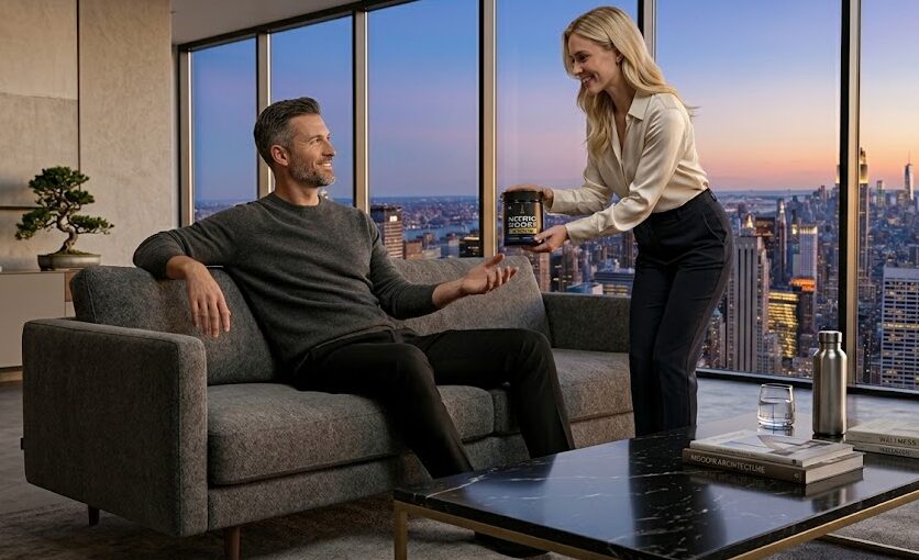 Testosterone Supplements With D-Aspartic Acid: Happy, vital man relaxing in a luxurious modern apartment, illustrating the long-term benefits of total and free testosterone optimization.