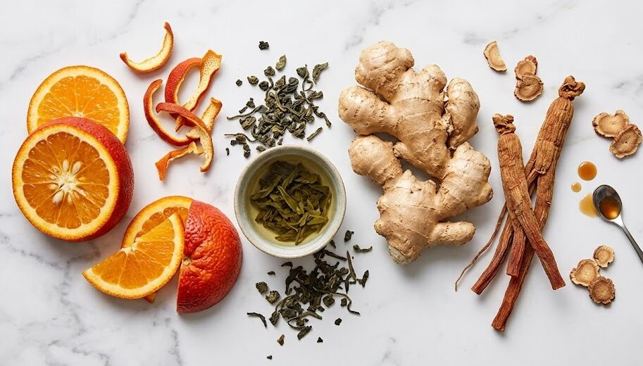 Citrus Burn Reviews A beautiful flat lay showing natural ingredients like green tea, apple vinegar, and citrus compounds used in the Citrusburn supplement.