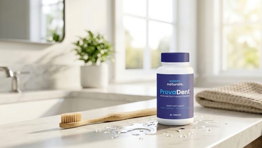 Provadent Ingredients Provadent Ingredients: A modern bathroom setup with a toothbrush and natural supplements, showing how to easily incorporate Provadent into a daily routine.