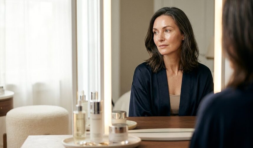 Weight Loss and Vitality A woman looking thoughtfully at her reflection, representing the impact of rapid weight loss on facial aesthetics.