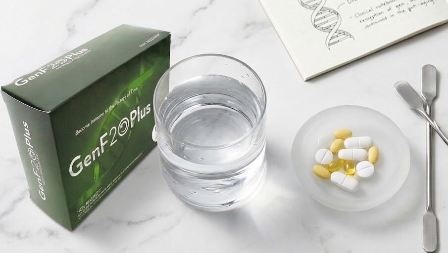 GenF20 Plus Review: A sleek display of enteric-coated tablets and a natural oral spray, illustrating the complete GenF20 Plus system.