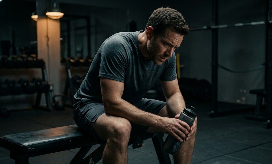 A man looking tired in the gym or at work, representing common low testosterone symptoms in males such as chronic fatigue and muscle loss.