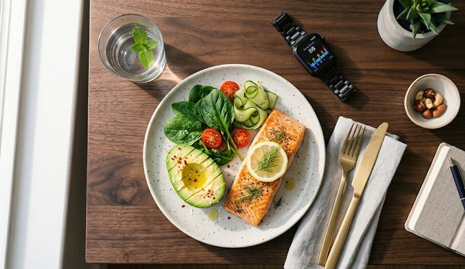 A balanced meal with healthy fats and a sleep tracker, showing the foundational pillars of male hormone health.