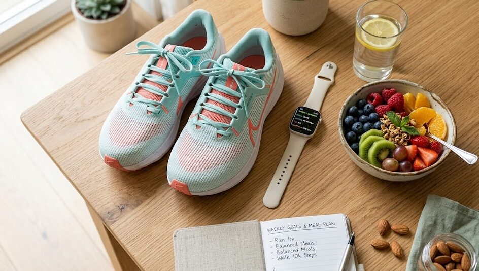 Fresh, healthy food and running shoes, reminding users that diet and exercise are central to any weight loss claim.