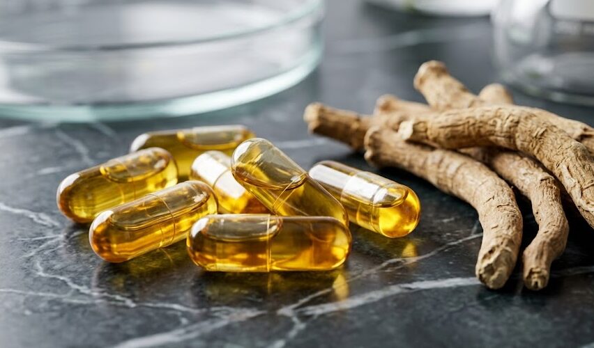 best cortisol reduction supplement best cortisol reduction supplement: Close up of high quality adaptogen capsules and natural herbs to support cortisol regulation