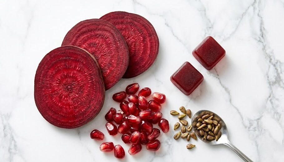 A display of beet root, grape seed extract, and L-citrulline used to boost nitric oxide.