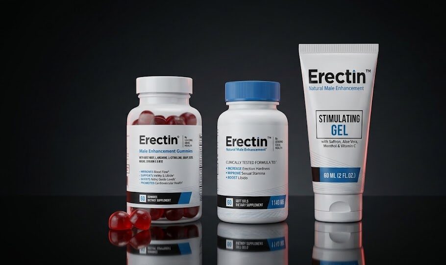 The complete Erectin product line featuring the gummies, capsule, and stimulating gel.