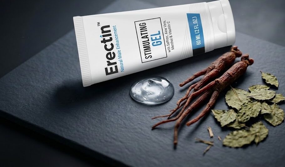 Erectin Gel Review Erectin Gel Review: A sleek tube of Erectin stimulating gel next to natural ingredients like Korean red ginseng.