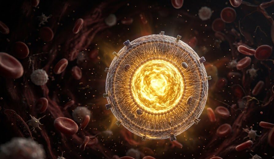 Microscopic view of liposomal encapsulation technology protecting supplement ingredients.