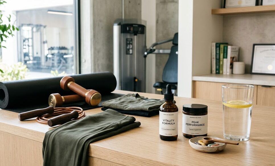 Generic wellness cbd capsules for pain and athletic recovery on a modern fitness background
