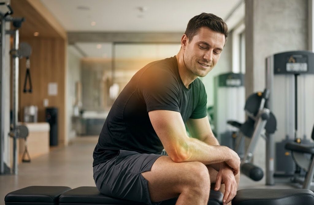 An athlete resting after a workout, highlighting joint recovery and the cellular benefits of CBD capsules for pain
