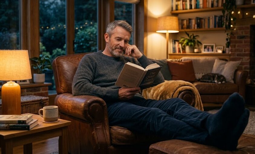 best cortisol reduction supplement Happy man relaxing at home after using natural cortisol supplements for stress relief
