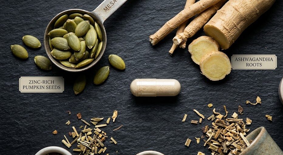 A visual representation of zinc, magnesium, and dietary supplements used in a testosterone booster.
