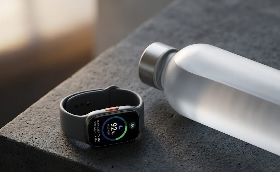 A modern fitness tracker showing sleep metrics, representing nighttime metabolism and hormone control