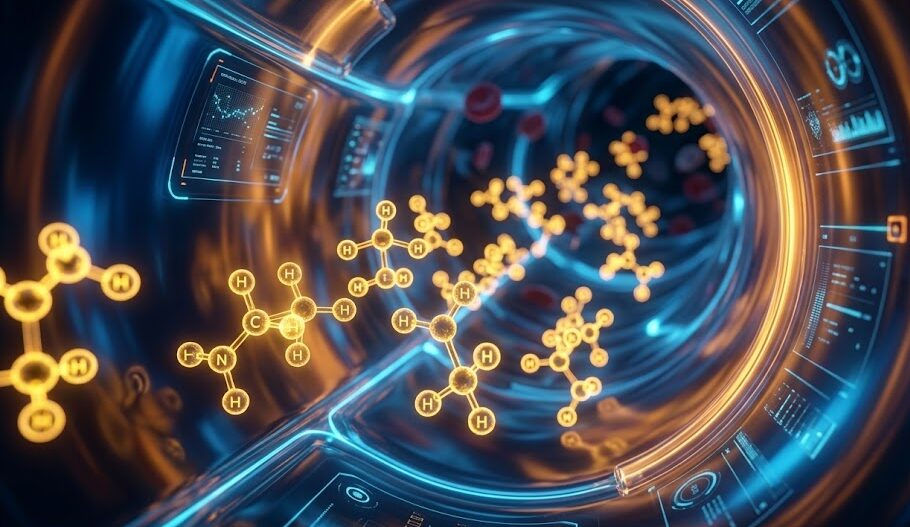 3D scientific visualization of amino acids like L-Arginine nourishing male reproductive glands.