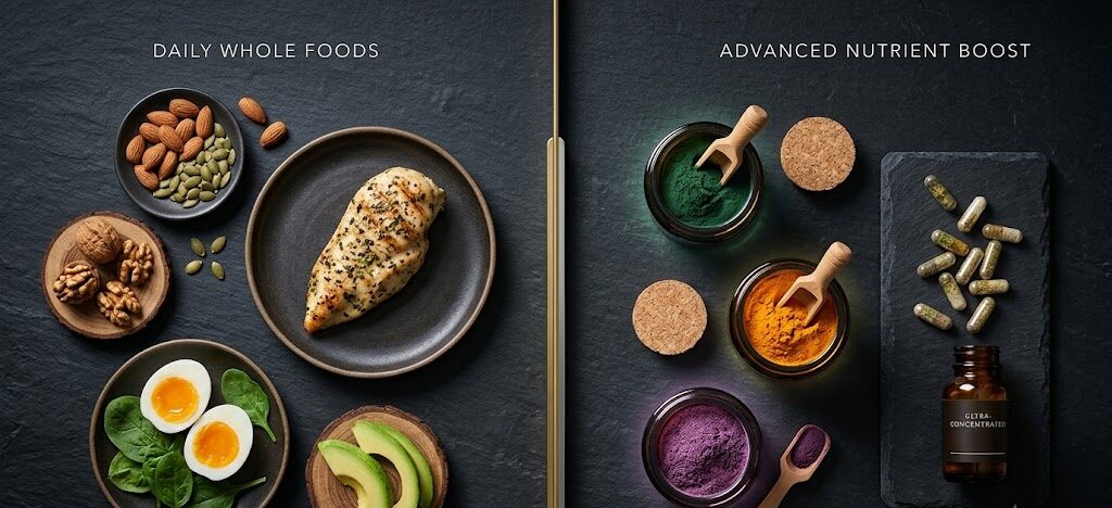 A visual comparison showing regular foods next to concentrated botanical extracts and amino acids.