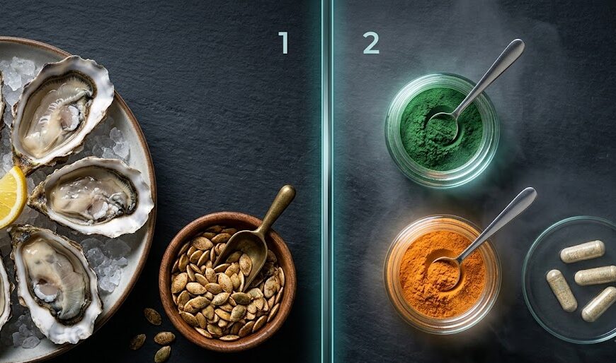 What Supplements Increase Ejaculate Volume: A visual comparison showing regular zinc-rich foods next to concentrated botanical supplement capsules.