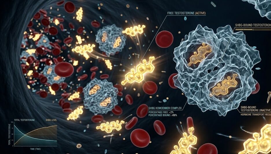Scientific visualization showing free testosterone molecules versus bound hormones in the bloodstream.
