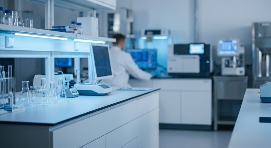 Medical researcher analyzing the stability of liposomal compounds in a laboratory.