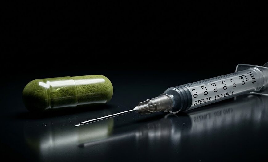 Comparison concept showing a botanical supplement capsule versus a synthetic medical syringe.