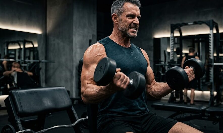 Mature man lifting weights, representing the muscle-building benefits of PrimeGenix Testodren.