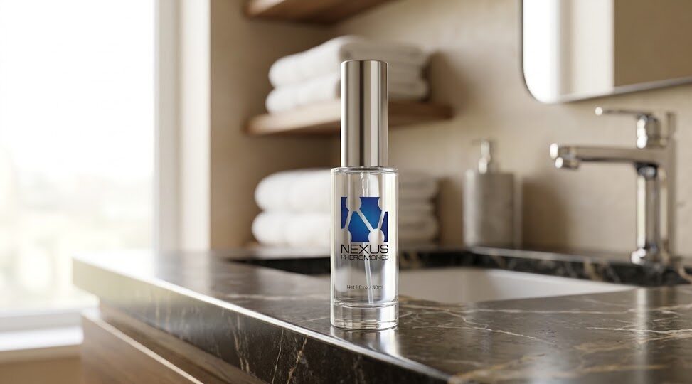The Nexus Pheromones bottle resting on a sleek bathroom counter next to fresh towels.