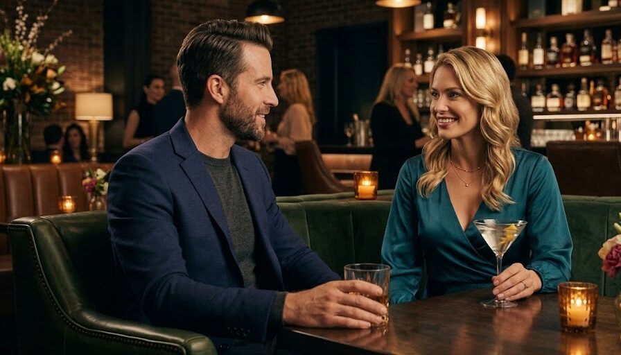 Confident man in a social setting effortlessly engaging in conversation, representing the effects of pheromones.