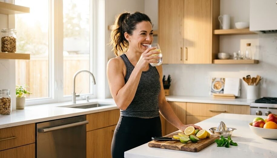 A fit, energetic person starting their day with a healthy drink, representing the metabolic support and fat loss benefits of Citrus Burn.