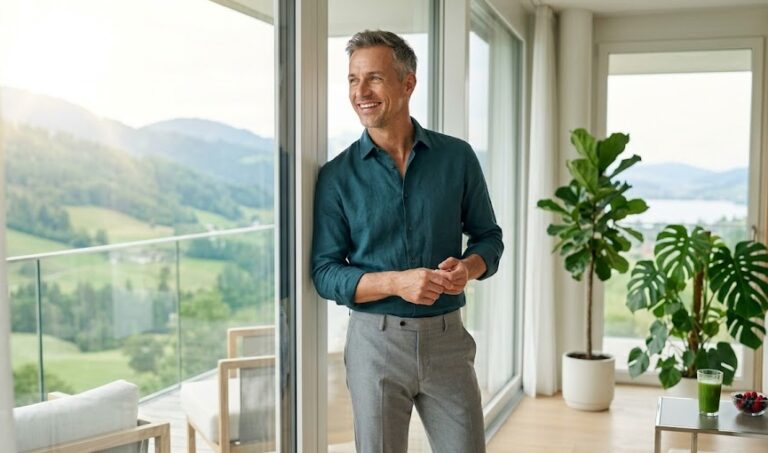 A healthy, energetic middle-aged man smiling, representing the vitality and anti-aging benefits of a natural HGH releaser.