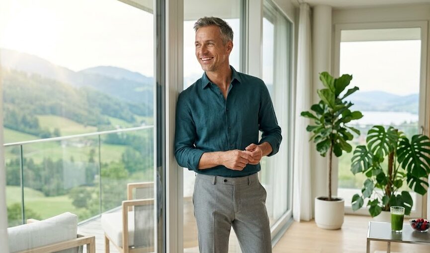 A healthy, energetic middle-aged man smiling, representing the vitality and anti-aging benefits of a natural HGH releaser.