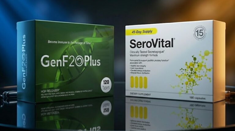 A side-by-side conceptual image of premium anti-aging supplements representing the choice between GenF20 Plus and SeroVital.
