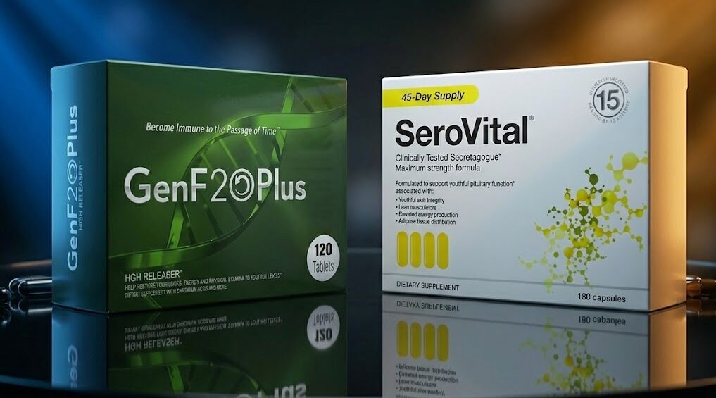 A side-by-side conceptual image of premium anti-aging supplements representing the choice between GenF20 Plus and SeroVital.