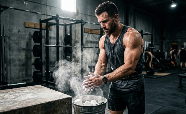 A focused athlete preparing for a heavy lift, illustrating that learning how to increase male testosterone starts with structured resistance training.