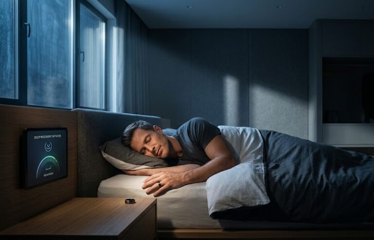 A man sleeping deeply in a dark, cool room with a sleep tracker, highlighting that HGH production peaks during deep REM sleep.