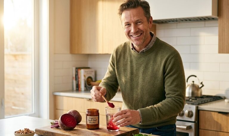 Man effortlessly mixing pure organic beet root powder for daily energy support.