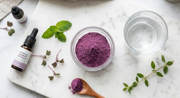 A display of natural Provadent ingredients including purple carrot powder and probiotics designed to support oral health.