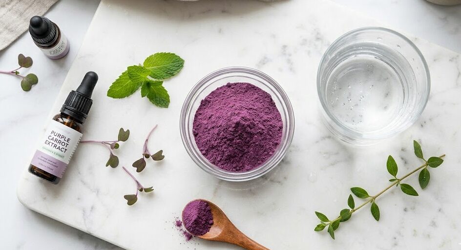 A display of natural Provadent ingredients including purple carrot powder and probiotics designed to support oral health.