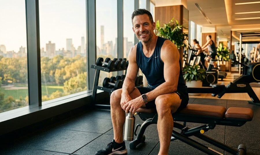 A fit, energetic man in his 40s confidently adjusting his gym gloves, representing the vitality and muscle mass benefits of a natural testosterone booster.
