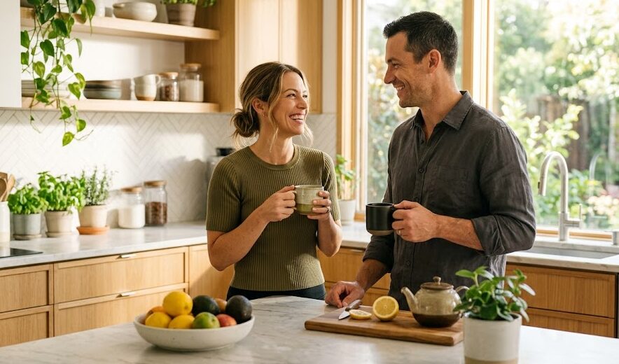 A healthy couple enjoying a morning coffee, symbolizing the balance of wellness, weight loss and vitality.