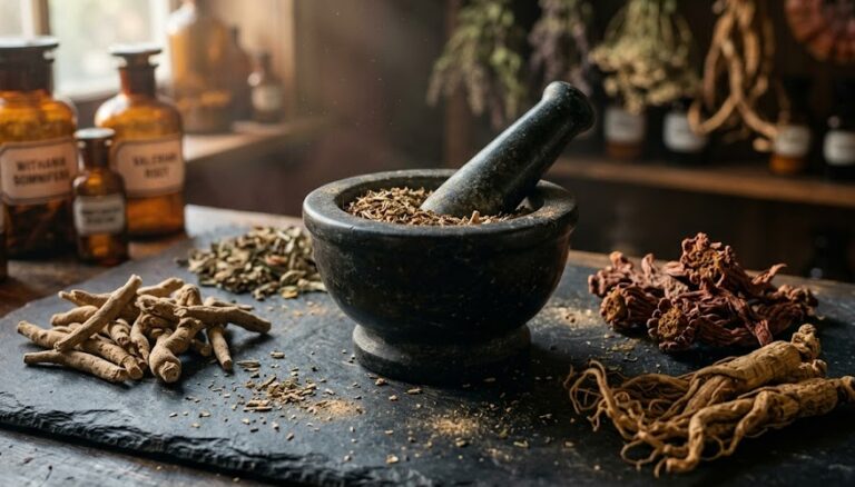 A collection of premium adaptogenic herbs including Ashwagandha, Rhodiola, and Ginseng for stress relief
