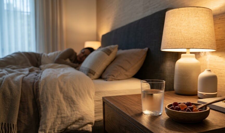 Generic wellness gummies for sleep and nighttime relaxation on a peaceful modern nightstand