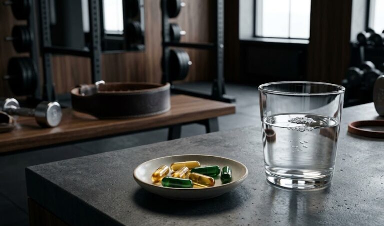 Generic wellness capsules for pain and athletic recovery on a modern fitness background