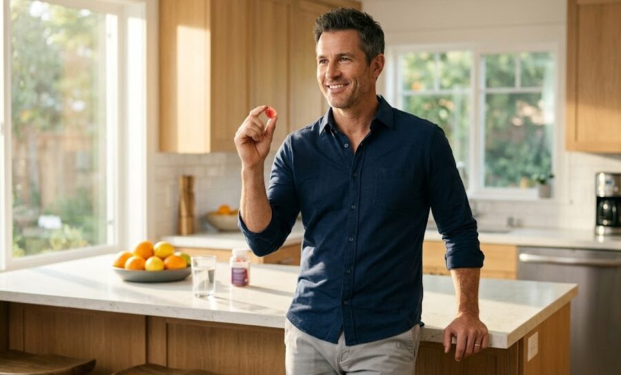 A fit man smiling while holding a natural pomegranate flavor gummy supplement for male enhancement.