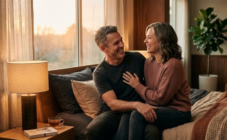 A happy, confident couple experiencing renewed intimacy, representing the benefits of male enhancement supplements.