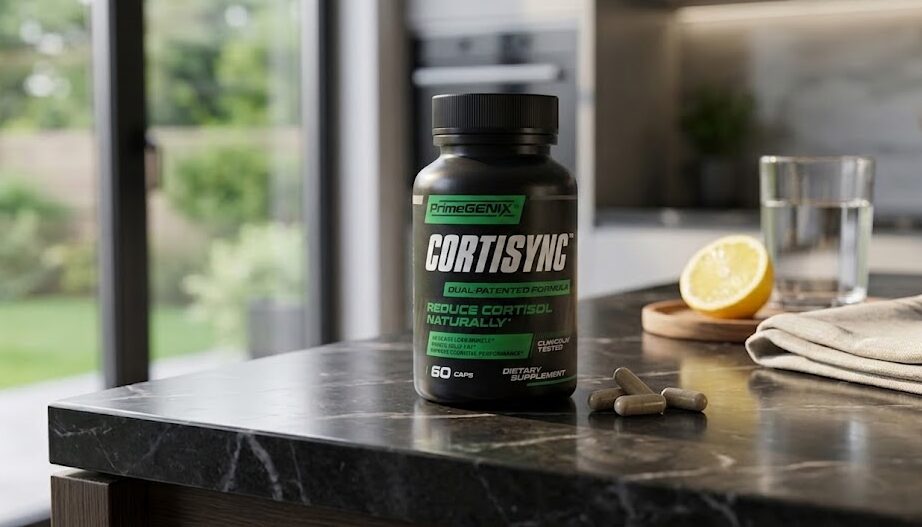 PrimeGENIX CortiSync cortisol blocker supplement bottle on a modern desk