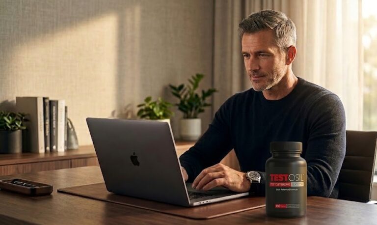 A fit man evaluating a Testosil review, representing the search for the best natural testosterone support supplement.