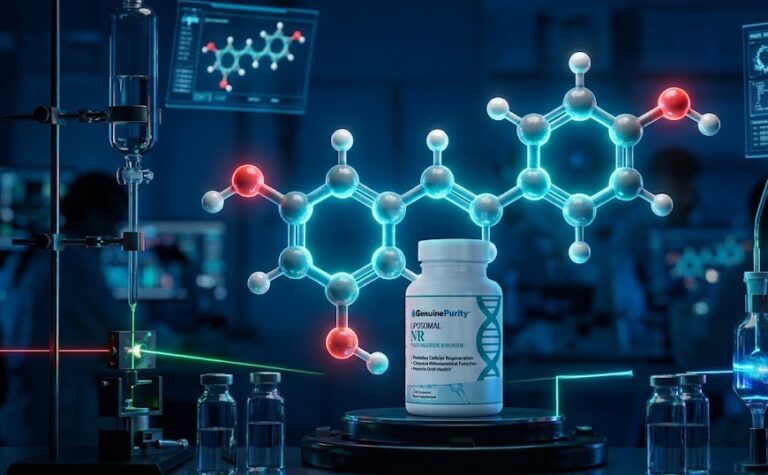 3D rendering of the trans-resveratrol molecular structure interacting with a cell membrane.